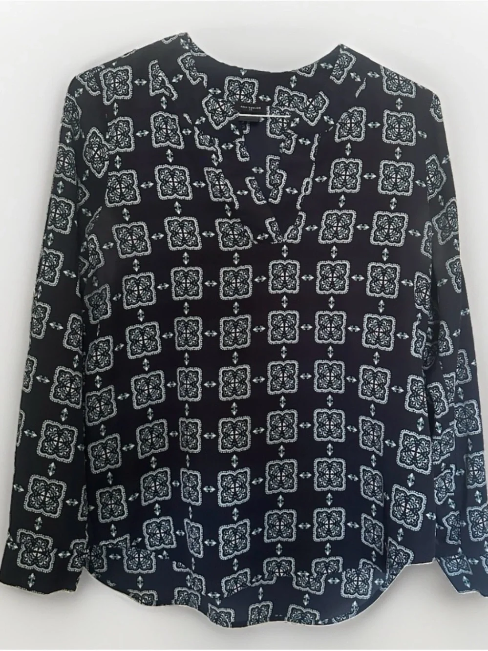 Ann Taylor Navy Blouse with Teal and White Medallion Pattern